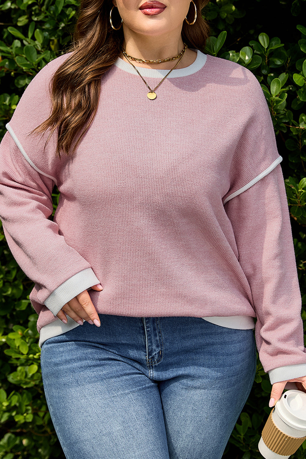 Light Pink Trim Knitted Drop Shoulder Top Plus Size Dear-Lover Dropshipping